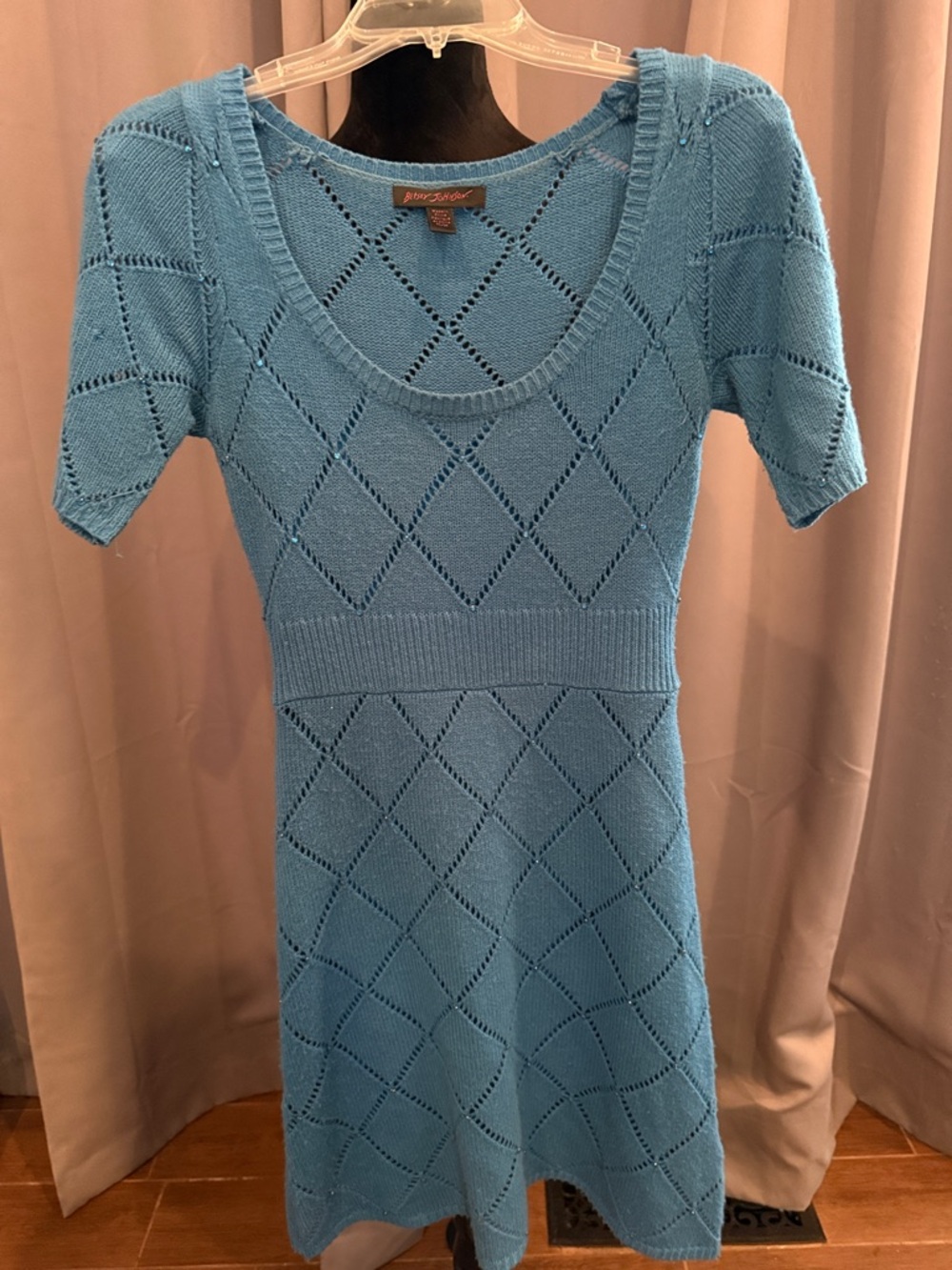 Betsey Johnson Blue Knit Diamond Pattern Short Sleeve Sweater Dress